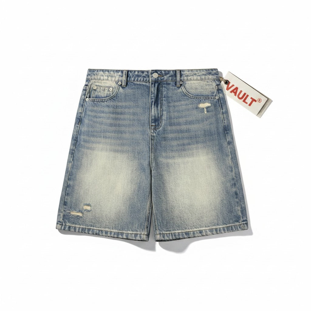 VaultWear light-wash denim Bermuda shorts with distressed detailing and a five-pocket design on a white background.