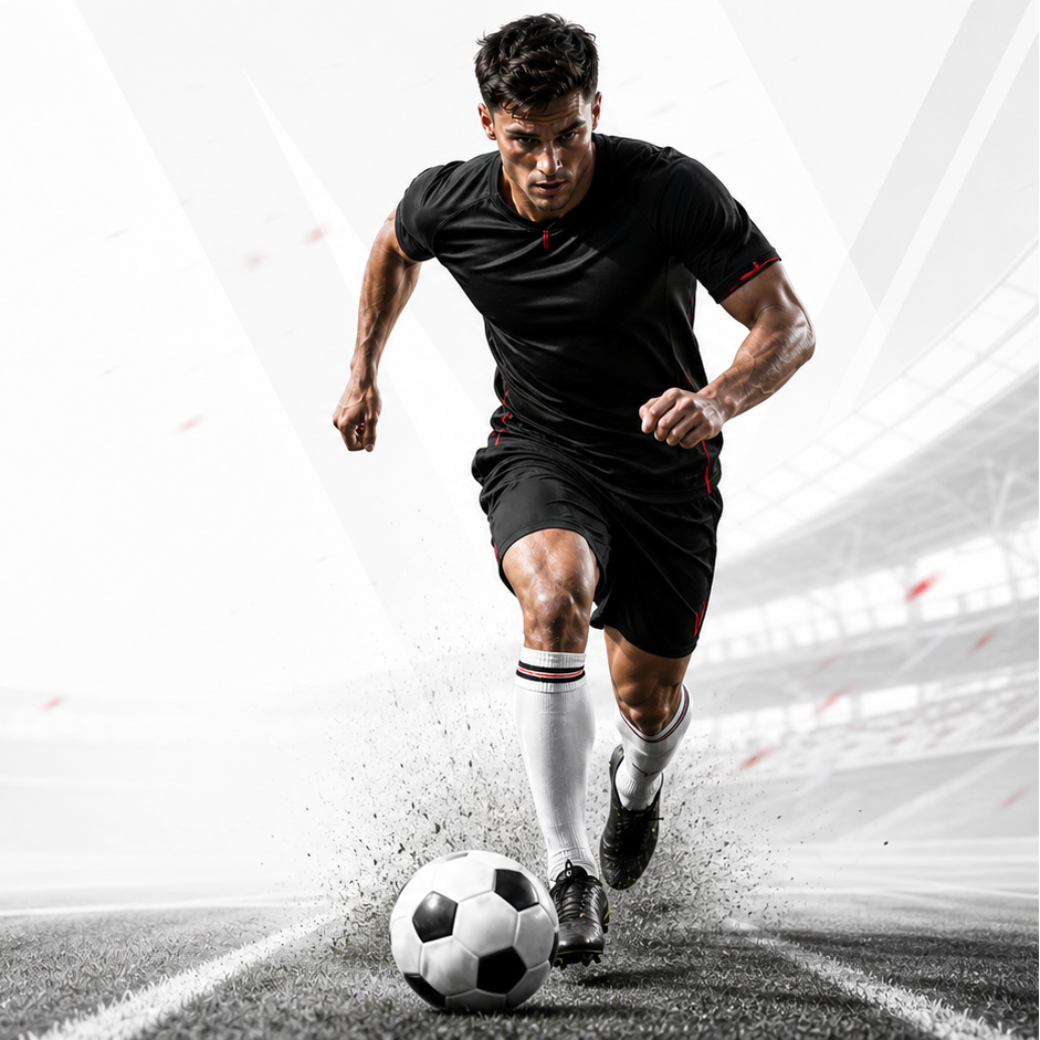 VAC soccer athlete in motion on a bright performance field