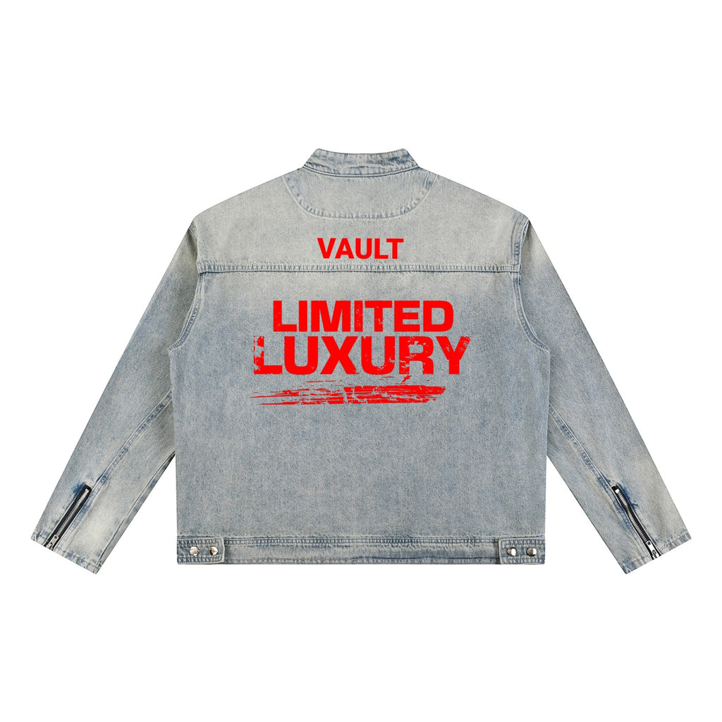 Limited Edition Vintage Wash Zip Denim Jacket with a faded finish and structured oversized fit.