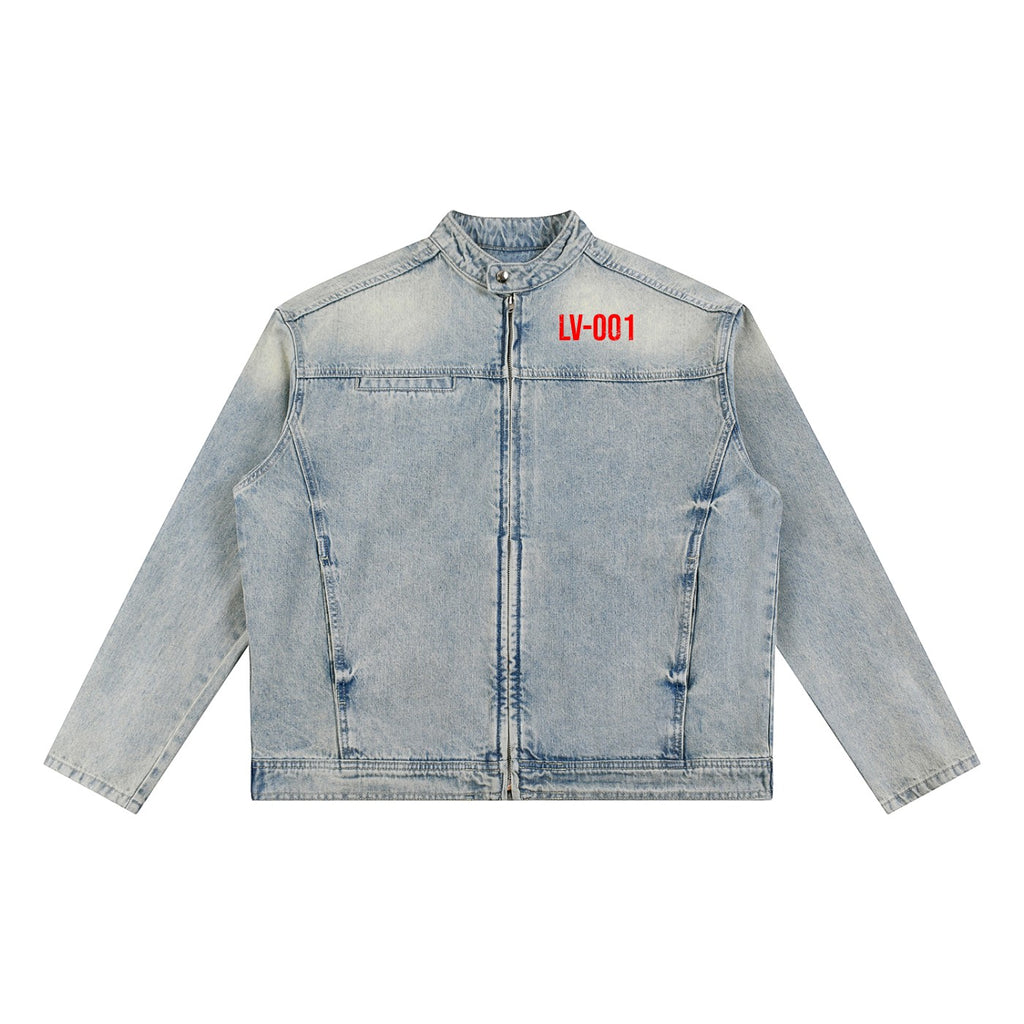 Limited Edition Vintage Wash Zip Denim Jacket with a faded finish and structured oversized fit.