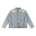 Limited Edition Vintage Wash Zip Denim Jacket with a faded finish and structured oversized fit.
