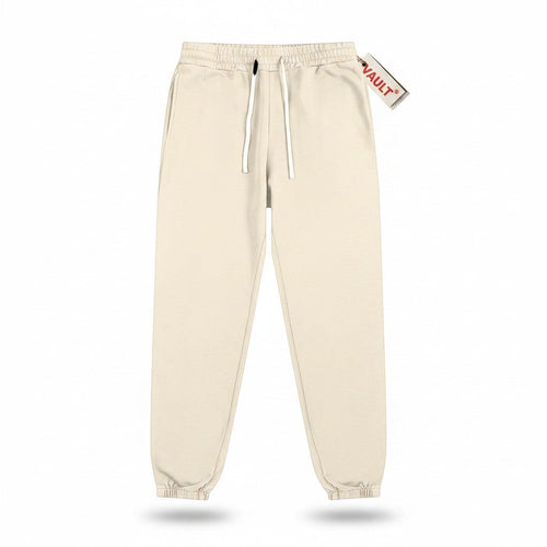 VaultWear beige unisex cotton sweatpants with a drawstring waist and elastic cuffs in a casual, regular fit.