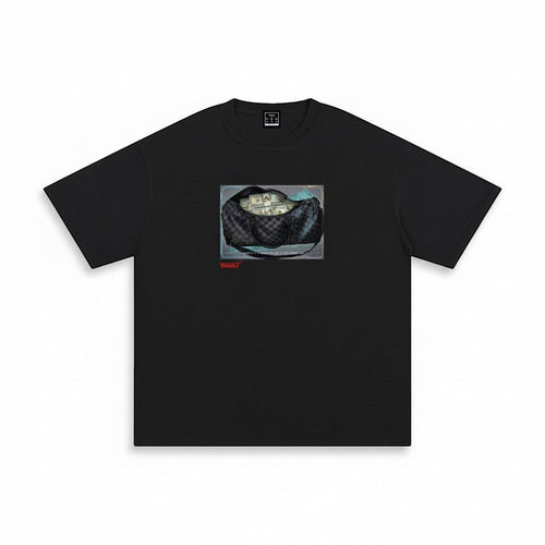 VaultWear black cotton short sleeve t-shirt with a graphic print of a duffel bag filled with cash on the chest.