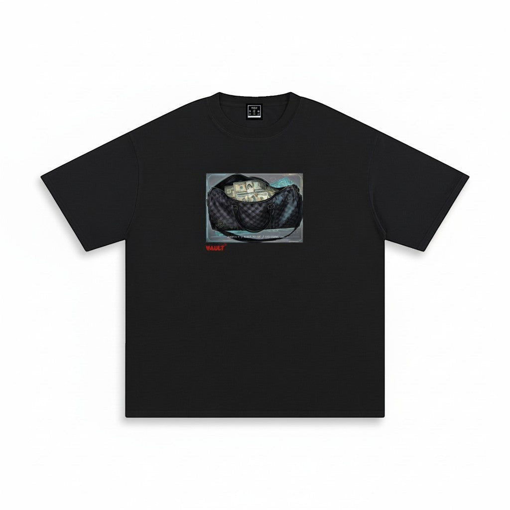 VaultWear black cotton short sleeve t-shirt with a graphic print of a duffel bag filled with cash on the chest.
