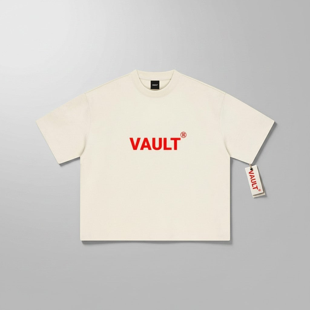 VaultWear unisex boxy oversized off-white cotton t-shirt with red VAULT logo print and side tag
