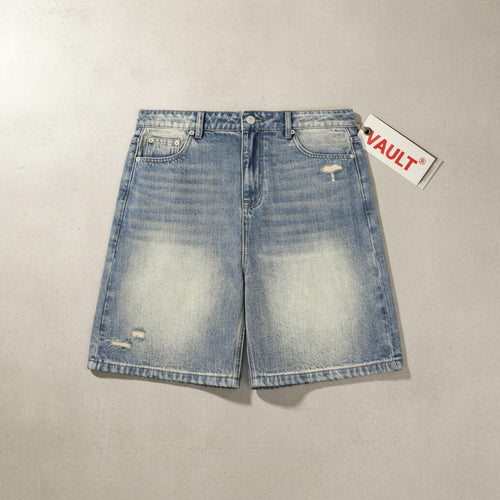 VaultWear faded blue denim shorts with a baggy fit, distressed details, and a branded tag on a neutral background.