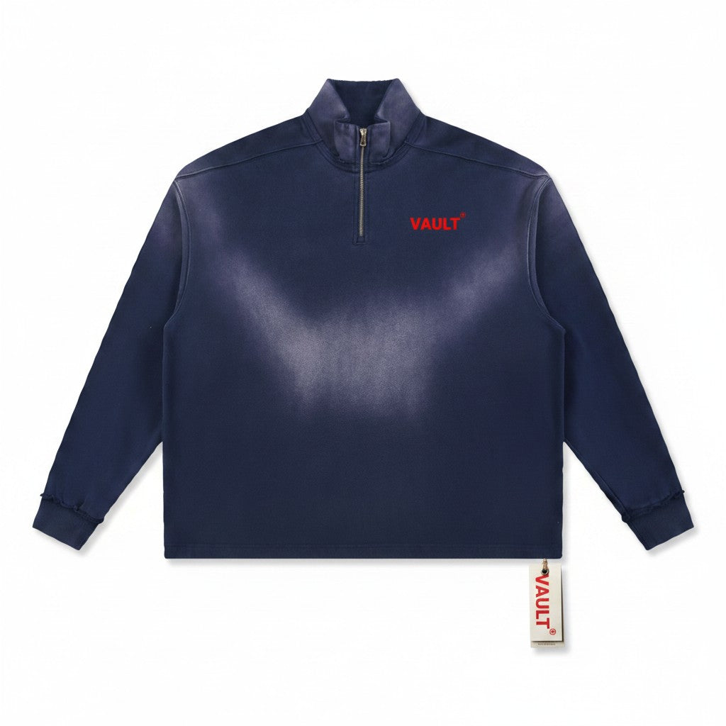 VaultWear navy blue sun-faded quarter-zip sweatshirt with drop shoulders, raw edges, and red chest logo.