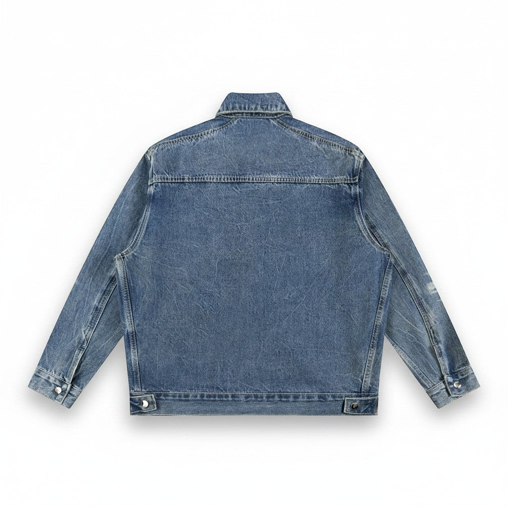 VaultWear unisex vintage wash blue denim jacket with a relaxed fit and drop shoulder design, back view.
