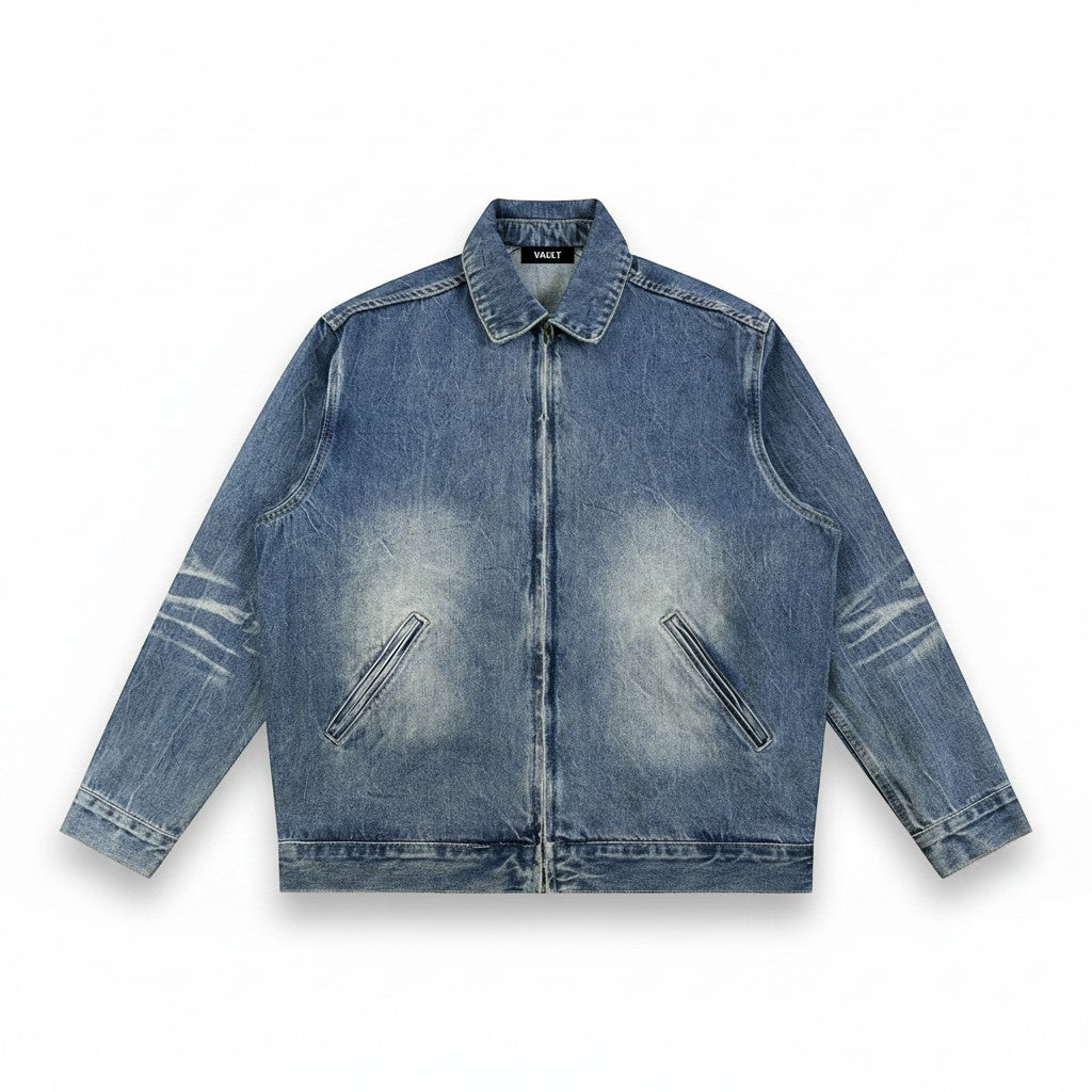 VaultWear unisex vintage wash denim zip-up jacket with drop shoulders and lapel collar in a relaxed streetwear fit