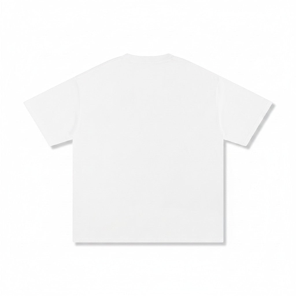 VaultWear white short sleeve cotton t-shirt, back view of a relaxed fit crew neck streetwear tee