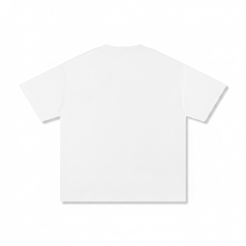 Back view of VaultWear white short sleeved cotton t-shirt, back view of a relaxed fit crew neck streetwear tee.