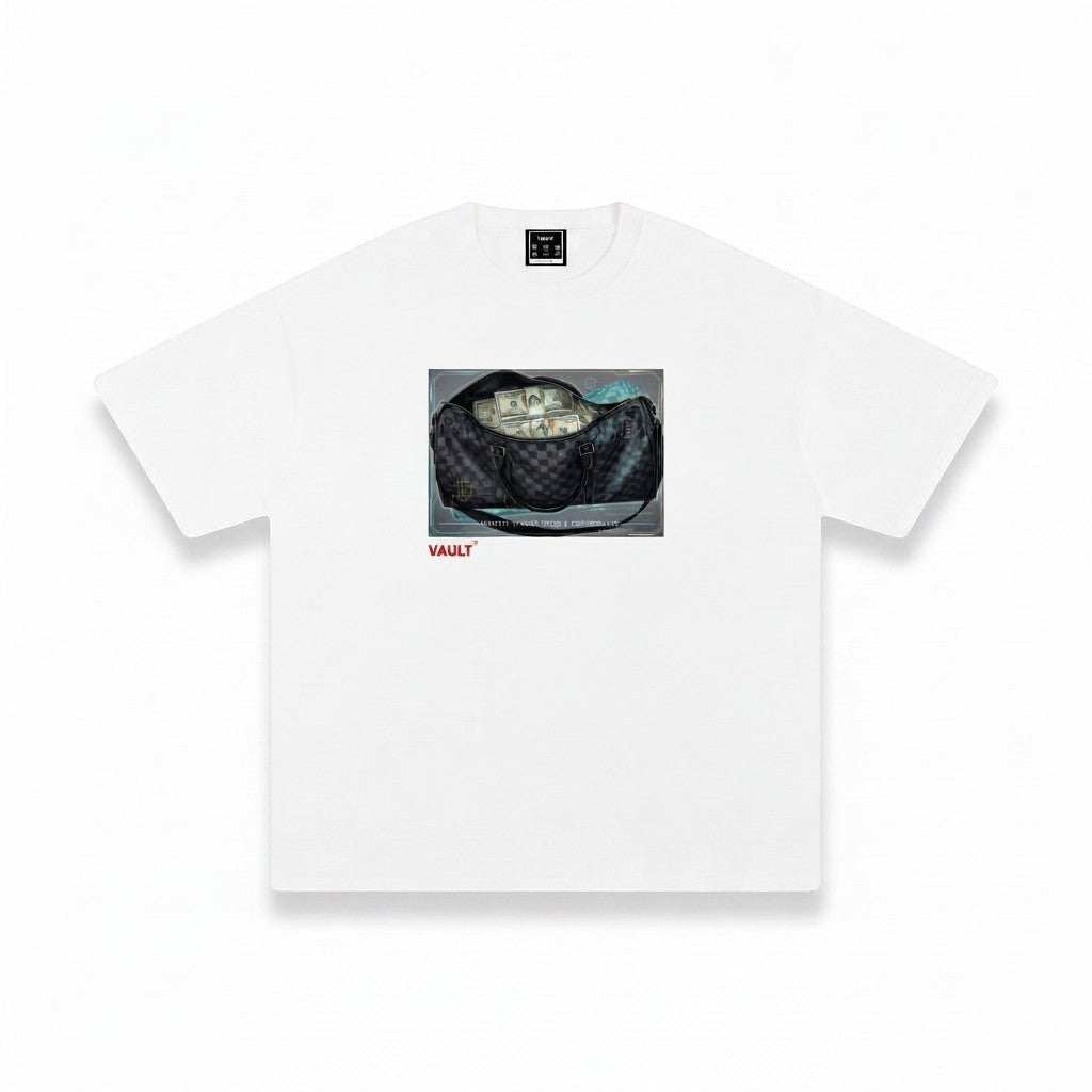 VaultWear white cotton crew neck t-shirt featuring a graphic print of a duffel bag filled with cash.