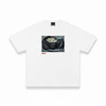 VaultWear white cotton crew neck t-shirt featuring a graphic print of a duffel bag filled with cash.