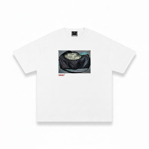 VaultWear white cotton crew neck t-shirt featuring a graphic print of a duffel bag filled with cash.